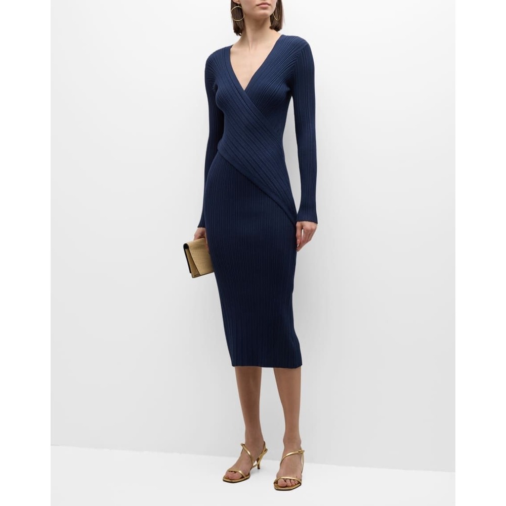 Elie Tahari the Levi Navy Ribbed Knit Faux Wrap Midi Dress Womens Size XS